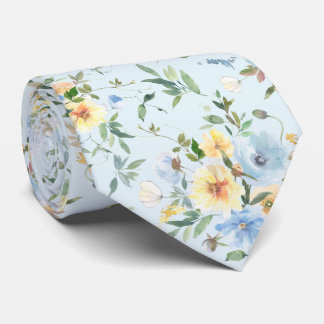 Blue Yellow Floral Watercolor Neck Tie Necktie