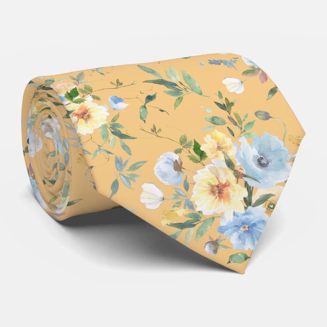 Blue Yellow Floral Watercolor Neck Tie Necktie (Rolled)