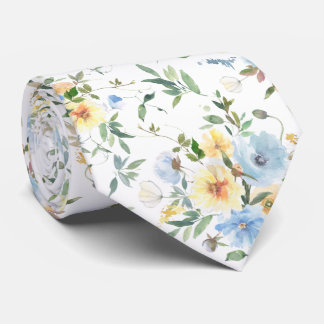 Blue Yellow Floral Watercolor Neck Tie Necktie