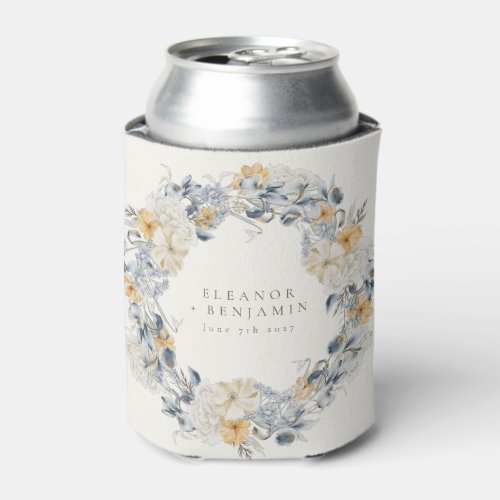 Blue Yellow Floral Watercolor Wreath Wedding Can Cooler