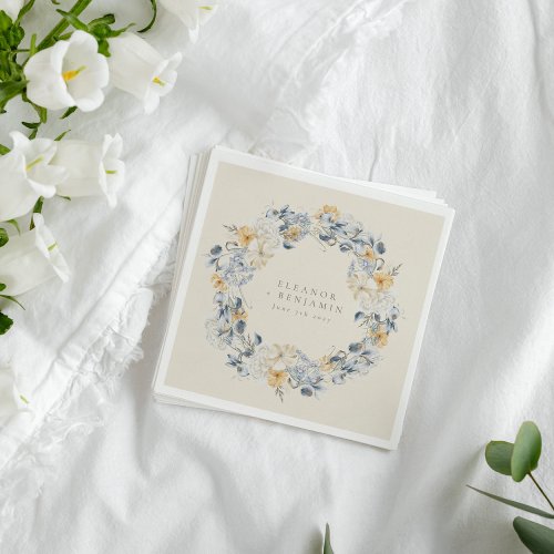 Blue Yellow Floral Watercolor Wreath Wedding Napkins