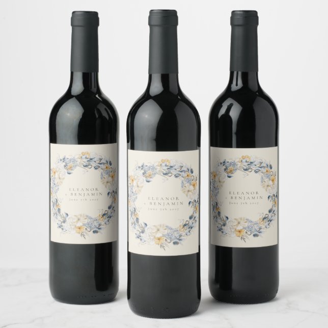 Blue Yellow Floral Watercolor Wreath Wedding  Wine Label (Bottles)