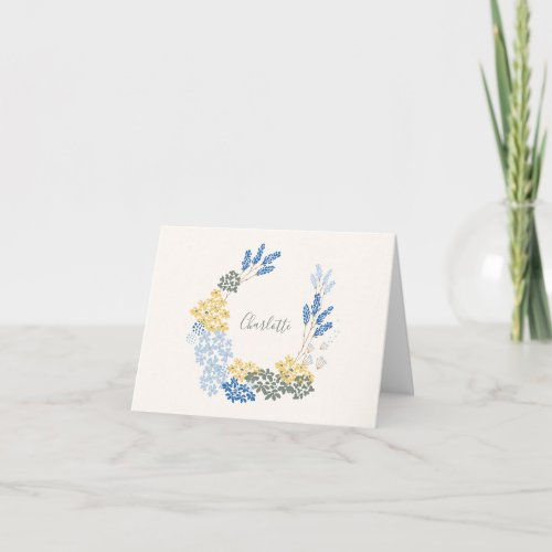 Blue Yellow Floral Wreath Personalized Stationery Letterpress Thank You Card