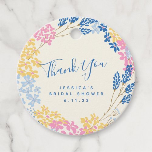 Blue Yellow Flower Wreath Custom Bridal Shower Favor Tags