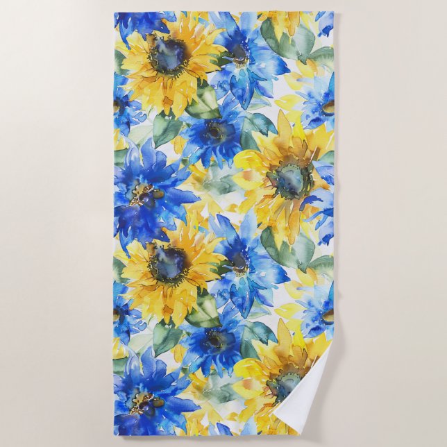 Blue Yellow Flowers Birthday Beach Towel (Front)