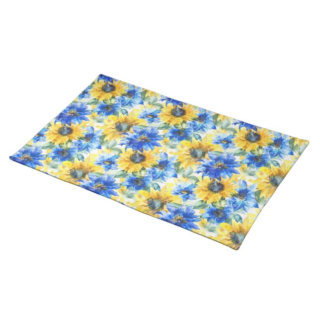 Blue Yellow Flowers Birthday Cloth Placemat (On Table)