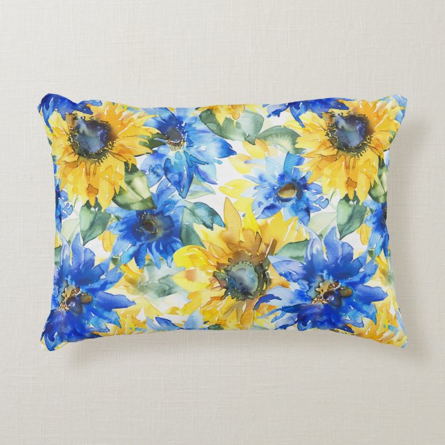 Blue Yellow Flowers Bridal Shower Accent Pillow (Front)