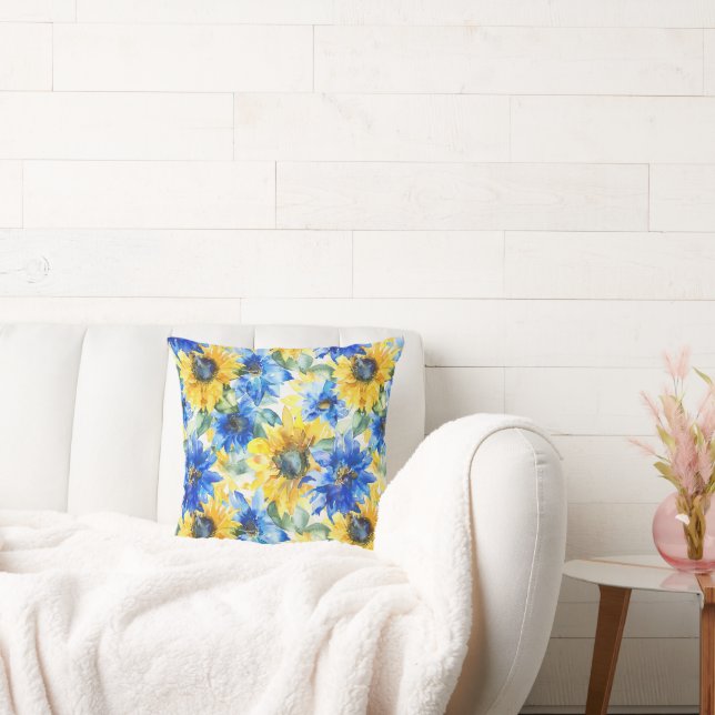 Blue Yellow Flowers Bridal Shower Throw Pillow (Couch)