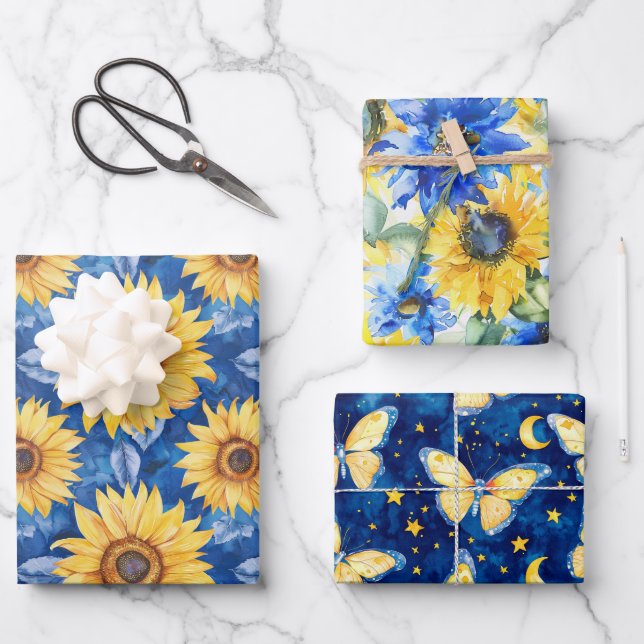 Blue Yellow Flowers Butterflies Birthday Wrapping Paper Sheets (Front)