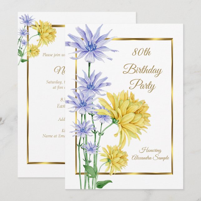 Blue Yellow Flowers Gold Birthday Party Invite (Front/Back)