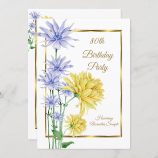 Blue Yellow Flowers Gold Birthday Party Invite