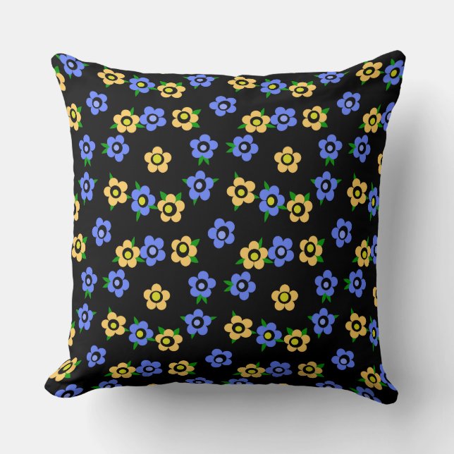 Blue yellow flowers on black background retro throw pillow (Front)