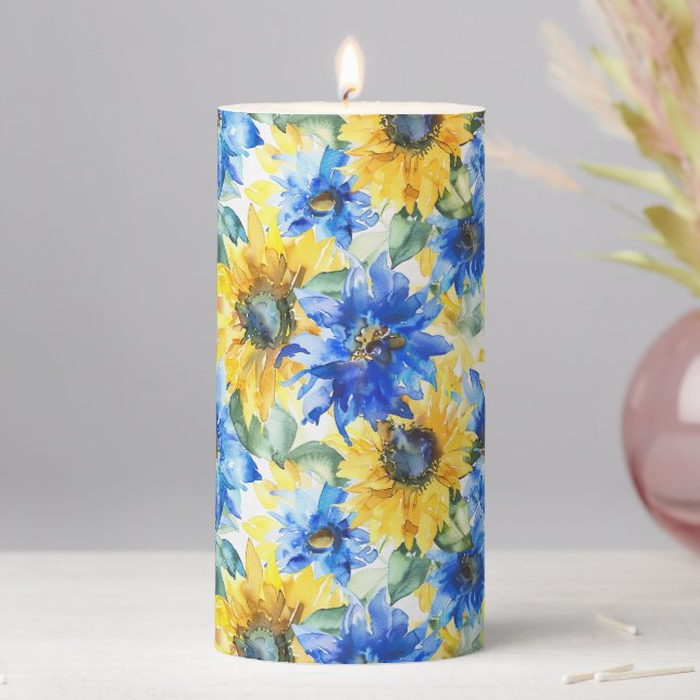 Blue Yellow Flowers   Pillar Candle (In Situ)