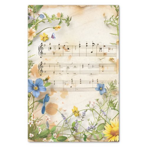 Blue yellow flowers vintage music sheet ephemera