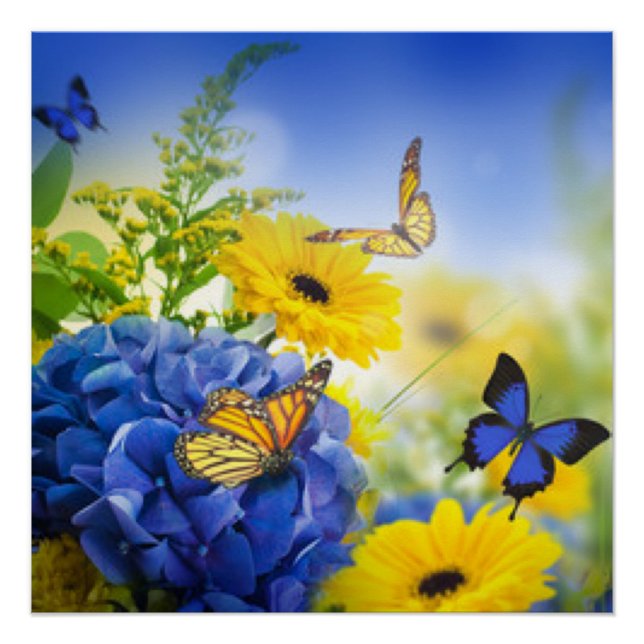 Blue Yellow Flowers With Butterflies Poster (Front)