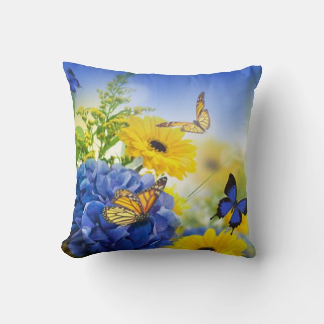 Blue Yellow Flowers With Butterflies Throw Pillow (Front)
