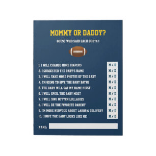 Blue Yellow FOOTBALL baby shower Guessing GAME Notepad