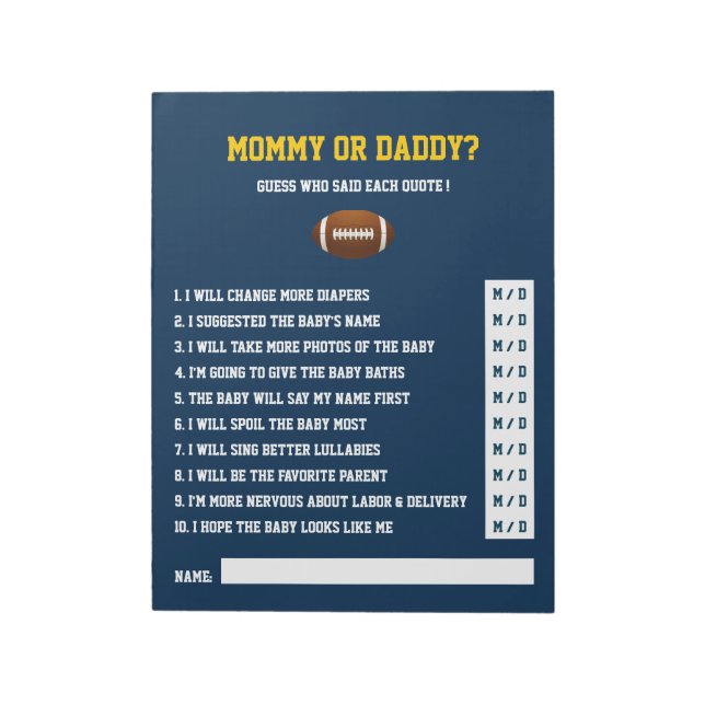Blue Yellow FOOTBALL baby shower Guessing GAME Notepad (Rotated)