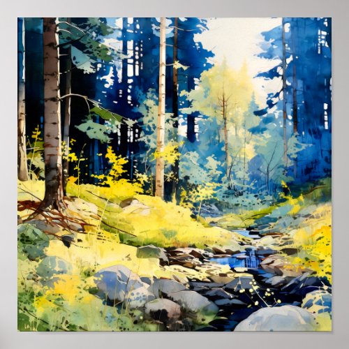 Blue Yellow Forest Painting Poster