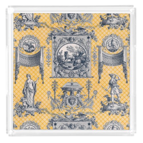 Blue  Yellow French Country Provincial Toile Acrylic Tray