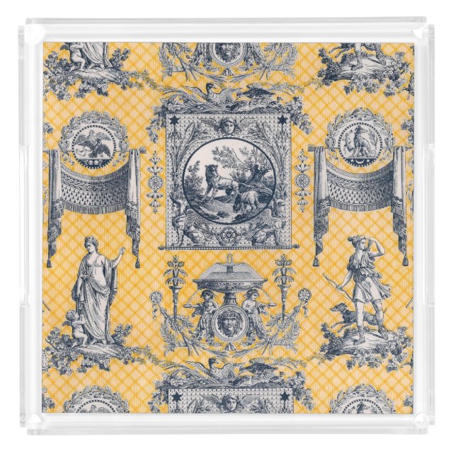 Blue & Yellow French Country Provincial Toile Acrylic Tray (Front)
