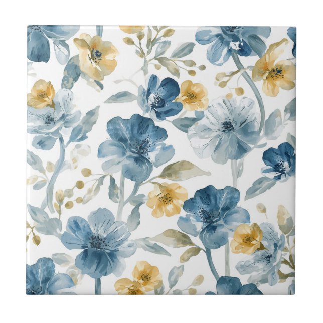 Blue Yellow Garden Flowers Botanical Pattern Ceramic Tile (Front)