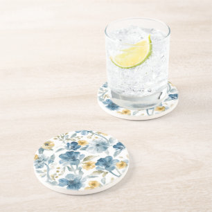 Blue Yellow Garden Flowers Botanical Pattern Coaster