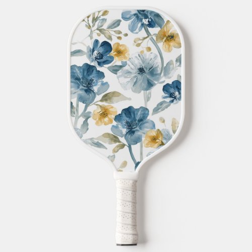 Blue Yellow Garden Flowers Botanical Pattern Pickleball Paddle