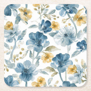 Blue Yellow Garden Flowers Botanical Pattern Square Paper Coaster