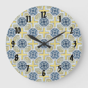 Blue Yellow Geometric Floral Black Numbers Clock
