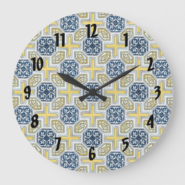 Blue Yellow Geometric Floral Black Numbers Clock (Front)