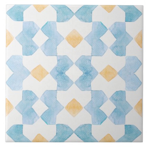 Blue yellow geometric Morrocan watercolor  Ceramic Tile