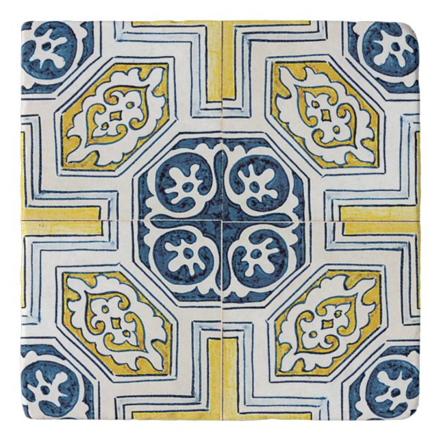 Blue Yellow Geometric Pattern Vintage Art Tile Trivet (Front)