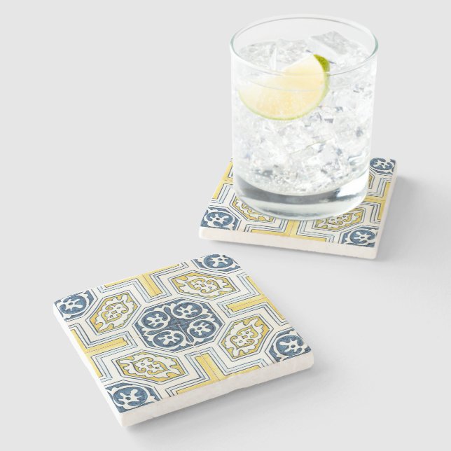Blue Yellow Geometric Pattern Vintage Stone Coaster (Side)