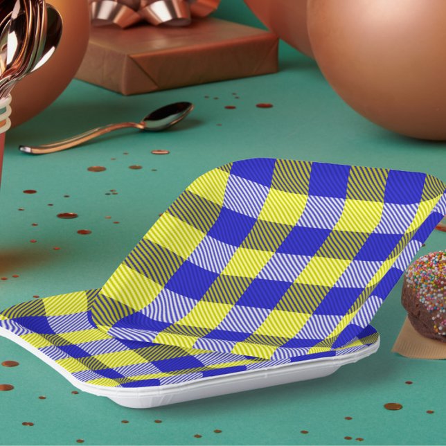 Blue Yellow Gingham Check Design  Paper Plates (Creator Uploaded)