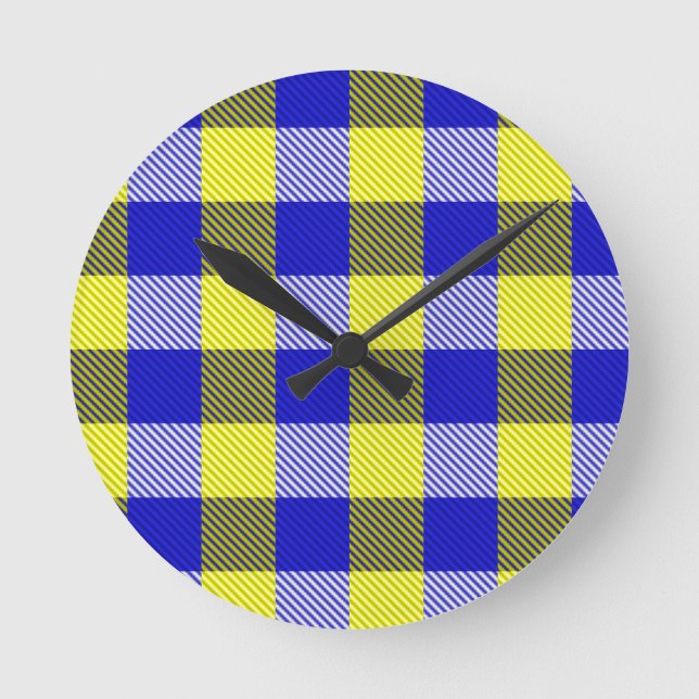 Blue Yellow Gingham Check Design  Round Clock (Front)