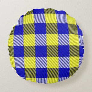 Blue Yellow Gingham Check Design Round Pillow