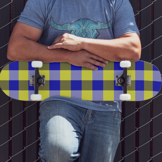 Blue Yellow Gingham Check Design  Skateboard (Creator Uploaded)