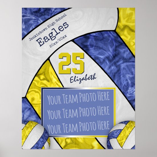 blue yellow girls' volleyball team photo poster