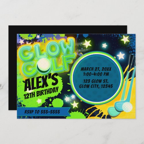 Blue Yellow Glow Golf Glowing Birthday Party Invitation