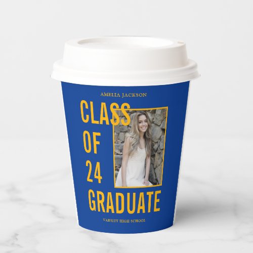 Blue  Yellow Gold Class Of 24 Photo Graduation Paper Cups