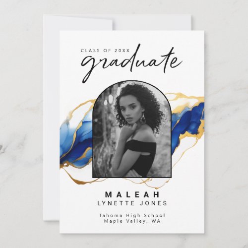 Blue Yellow Gold Elegant Arch Photo Graduation Announcement