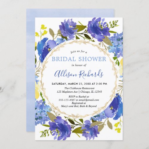 Blue yellow gold elegant floral bridal shower invitation