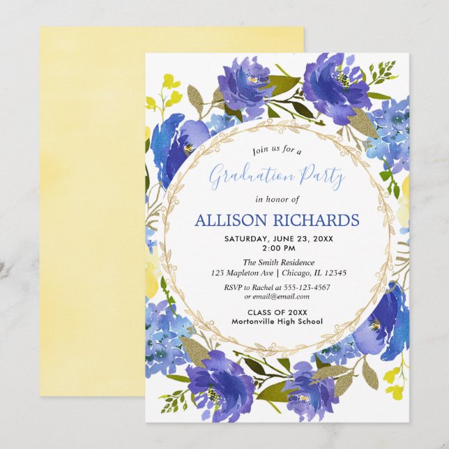 Blue yellow gold floral summer graduation party invitation (Front/Back)