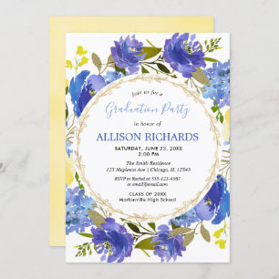 Blue yellow gold floral summer graduation party invitation
