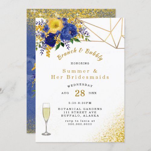 Blue Yellow Gold Painted Floral Brunch and Bubbly Invitation