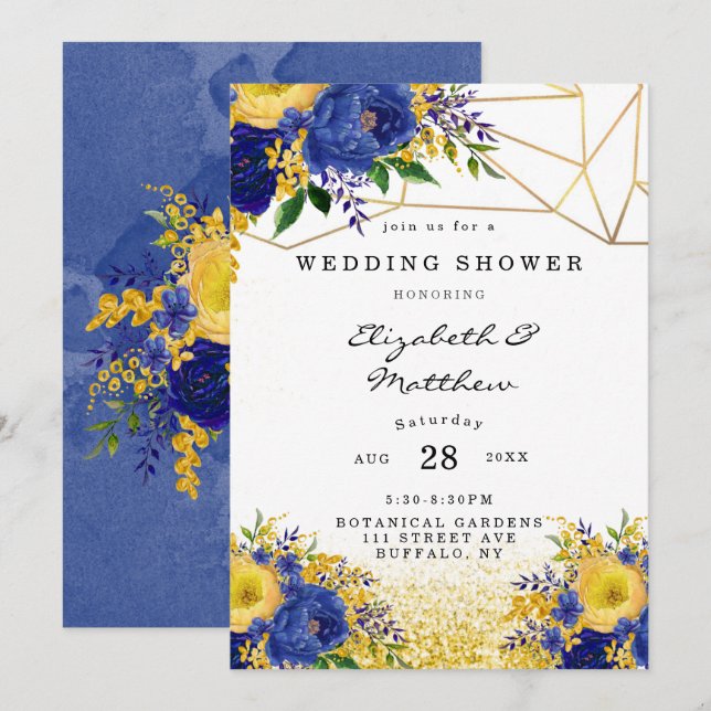 Blue Yellow Gold Painted Floral Wedding Shower Invitation (Front/Back)