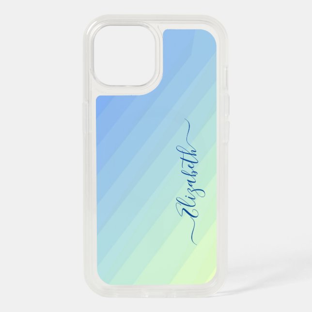 Blue Yellow Gradient Girly Script Monogram iPhone 15 Case (Back)