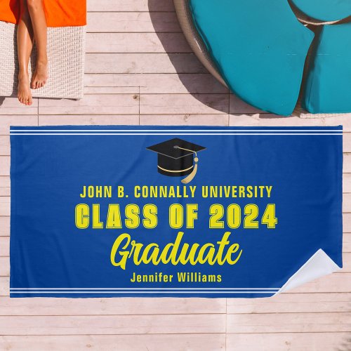 Blue Yellow Graduate 2024 Graduation Keepsake Beach Towel