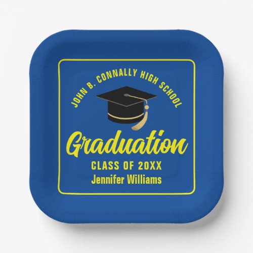 Blue Yellow Graduate 2024 Graduation Party Square Paper Plates